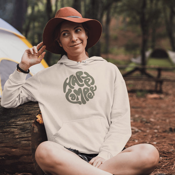 Introducing our Happy Camper Retro Letter Graphic hoodie, the perfect addition to your camping wardrobe! Made for outdoor enthusiasts and nature lovers alike, this sweater combines style and comfort for your next camping adventure.
